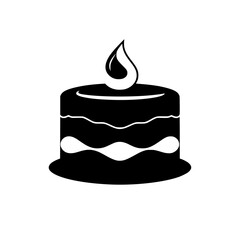 Simple minimalist illustration of a birthday cake with a melting flame-shaped candle on a white background.