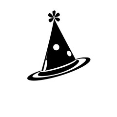 Black party hat with white polka dots and a flower ornament on top.