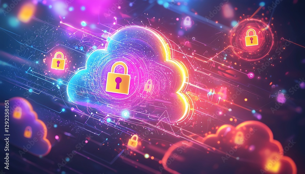 Poster a conceptual illustration cloud security with glowing encrypted visuals and floating padlock icons i