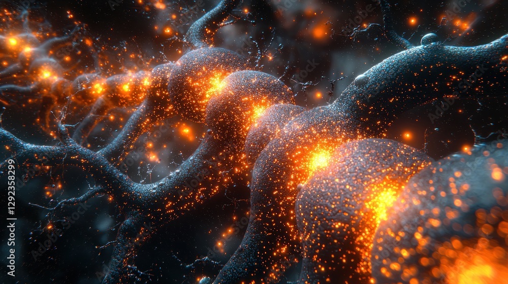 Poster neural network: a fiery abstract visualization of interconnected neurons, simulating neural activity