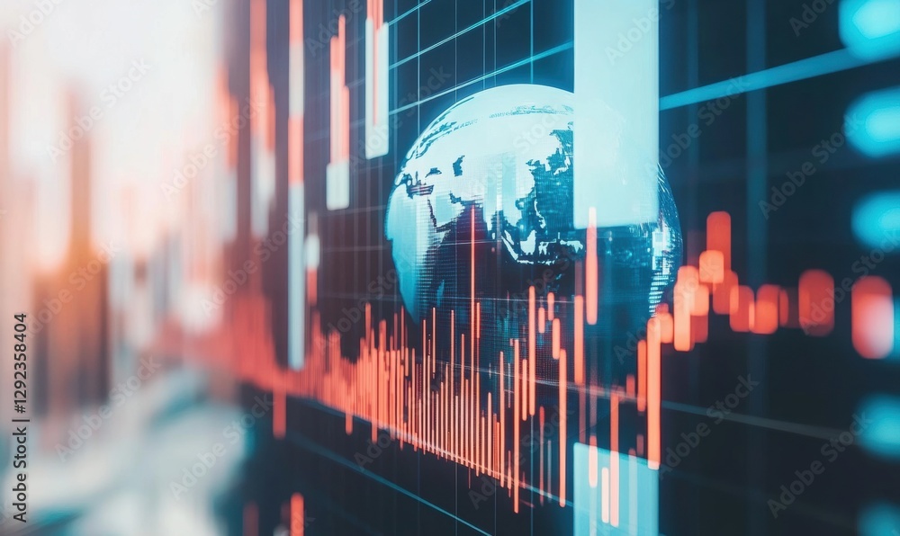 Poster a digital globe with financial charts and graphs, representing global market data and online data, i