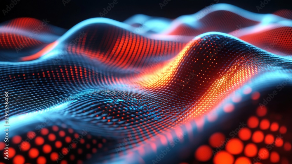 Poster abstract representation of flowing waves with vibrant red and blue dots creating a digital landscape