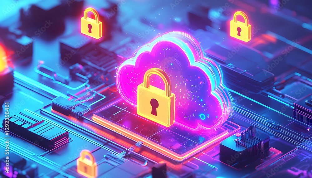 Poster a conceptual illustration cloud security with glowing encrypted visuals and floating padlock icons i