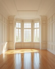 Fototapeta premium A luxurious, sunlit room with classic white panel walls and a grand bay window overlooking a lush garden. The polished wooden floor reflects natural light, enhancing the elegant and serene ambiance.