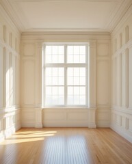 Fototapeta premium A luxurious, sunlit room with classic white panel walls and a grand bay window overlooking a lush garden. The polished wooden floor reflects natural light, enhancing the elegant and serene ambiance.