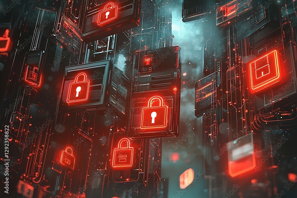 Poster a conceptual illustration ransomware with glowing red lock icons and encrypted graphics floating in 