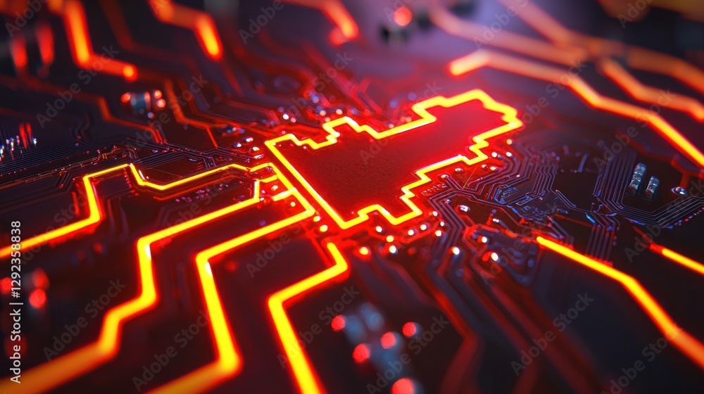 Poster abstract electronic circuit pattern with glowing red lines