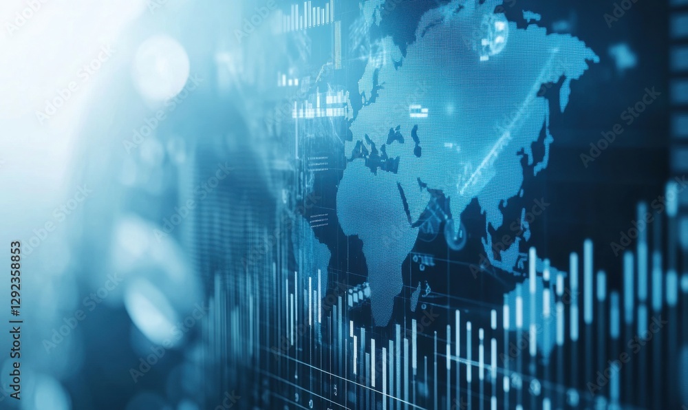 Poster ample online data - stylized charts and graphs with a globe in the background, a blue gradient digit