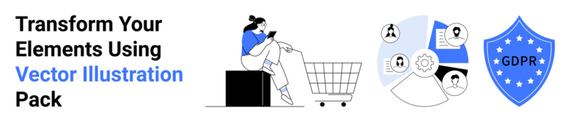 Woman browsing phone near a shopping cart, GDPR shield, and data icons. Ideal for online shopping, cybersecurity, privacy, GDPR compliance, e-commerce, personal data security flat landing page