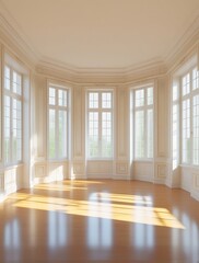 Obraz premium A luxurious, sunlit room with classic white panel walls and a grand bay window overlooking a lush garden. The polished wooden floor reflects natural light, enhancing the elegant and serene ambiance.