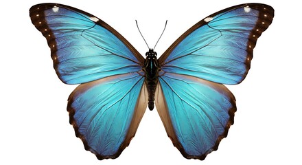 Fototapeta premium Vibrant Blue Butterfly with Black and Orange Wing Detail on White Background 