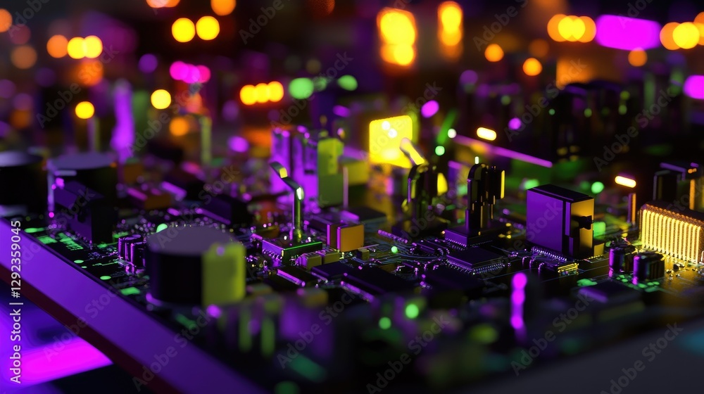Poster a glowing production floor where ai-controlled robotic arms are assembling sophisticated electronic 