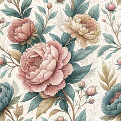 Elegant Floral Seamless Pattern Design Vibrant Botanical Motifs Textile Art Studio Environment Close-up View Nature-Inspired Aesthetic