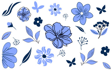 Minimalist Blue Flower Illustration with Hand-Drawn Details, seamless pattern with blue flowers