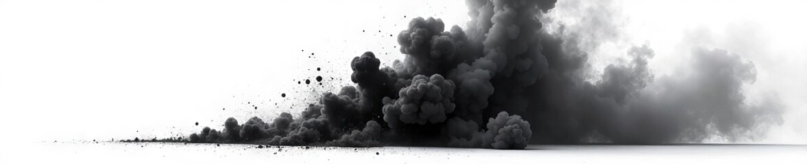 Black powder explosion; white background, rapid expansion, smoke plumes,  energy,  clean,  isolated