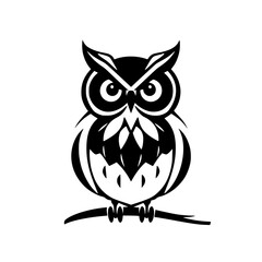 A bold, black and white vector illustration of an owl perched on a branch, designed in a clean, modern, geometric style.