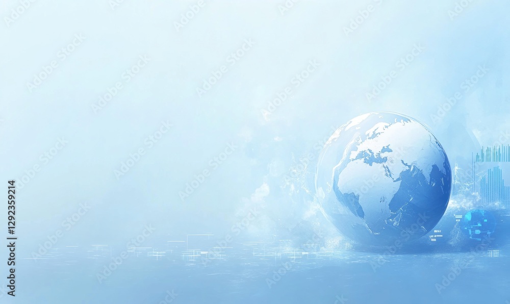 Poster digital background featuring an online global globe and graphs on the right with a light blue gradie