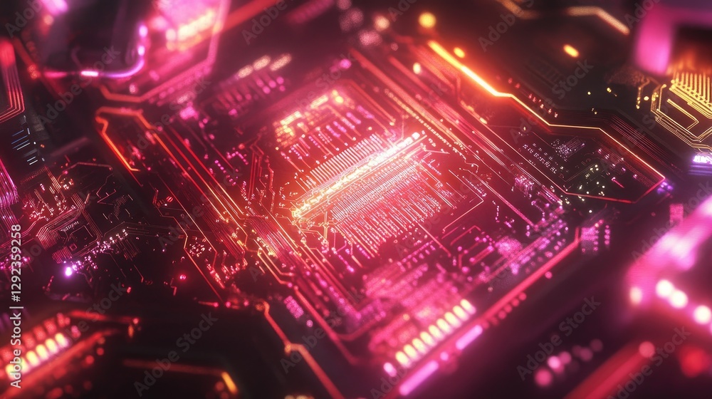 Poster a glowing production floor where ai-controlled robotic arms are assembling sophisticated electronic 