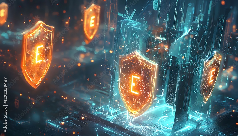 Poster a conceptual illustration secure data storage with holographic glowing shields and encrypted symbols