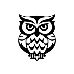 Black and white simplified owl illustration, minimalist design, contrasting colors, standing, heart-shaped legs.