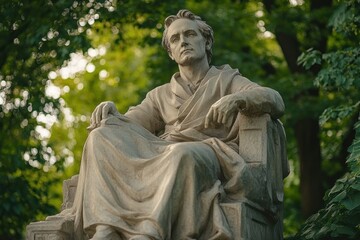 Fototapeta premium Richard Wagner Memorial Sculpture in Tiergarten Berlin Germany Under Diffused Daylight Amidst Lush Green Foliage