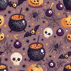 Naklejka premium Halloween Themed Seamless Pattern Spooky Atmosphere Digital Art Festive Background Whimsical Viewpoint Seasonal Design