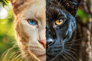 Obraz premium Unique blend of a white cat and black panther showcasing striking facial features and vibrant eyes in a natural setting