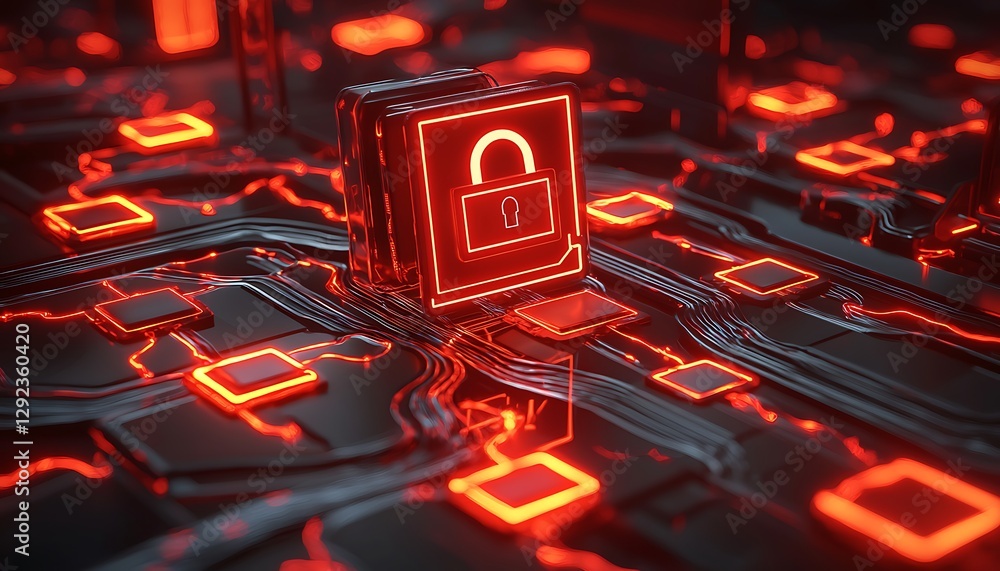 Poster a conceptual illustration ransomware with glowing red visuals and locked icons surrounded by encrypt