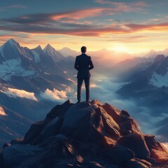 Fototapeta premium Businessman in Suit on Mountain Peak at Sunrise Illustrating Aspiration and Adventure
