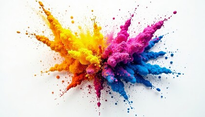 Vibrant colored powder explosion, white backdrop, vivid, powder
