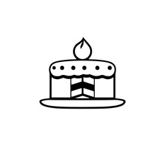 Simple illustration of a cake with a single candle and a minimalist, black-and-white design.