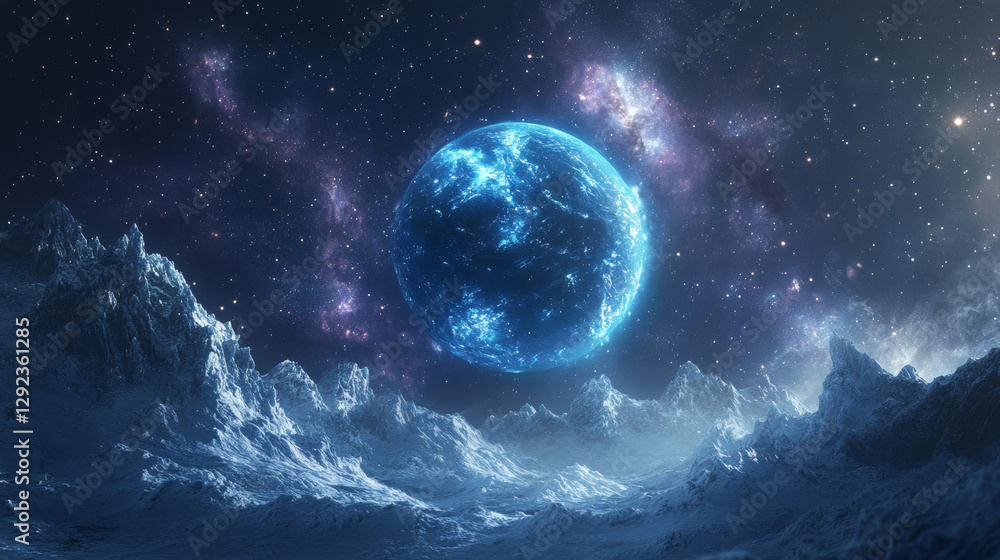 Poster ice planet in space, galaxy comet with crystal surface, blue frozen globe with glaciers in universe.