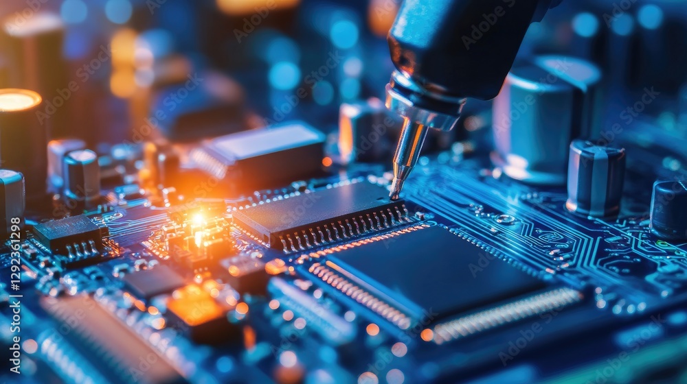 Poster a high-speed electronics manufacturing process where robotic arms precisely install microchips onto 
