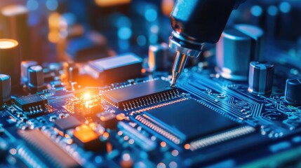 Fototapeta na wymiar A high-speed electronics manufacturing process where robotic arms precisely install microchips onto circuit boards.