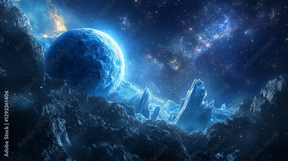 Poster ice planet in space, galaxy comet with crystal surface, blue frozen globe with glaciers in universe.