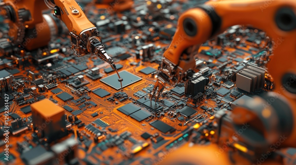 Poster a high-speed electronics manufacturing process where robotic arms precisely install microchips onto 