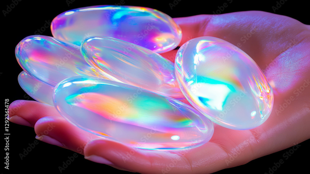 Poster iridescent opal gems in light reflection for creative background and design