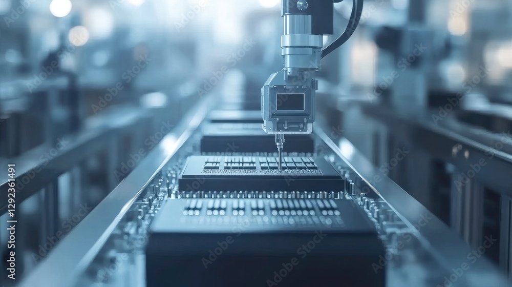 Poster a high-speed electronics manufacturing process where robotic arms precisely install microchips onto 