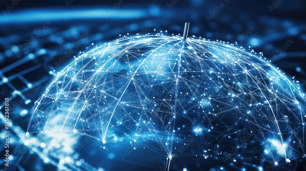 Poster a high-tech umbrella composed of ai-driven security nodes covering the earth, symbolizing digital pr