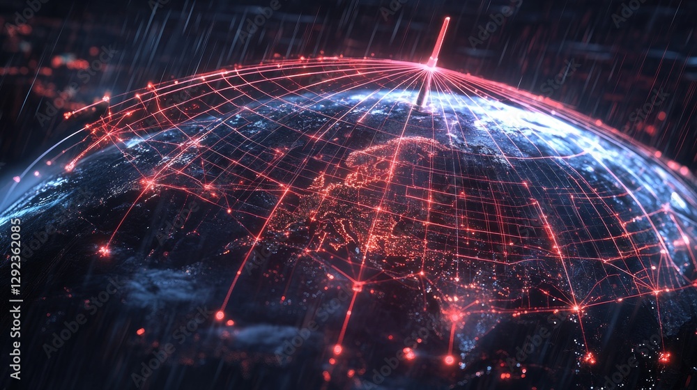 Poster a high-tech umbrella composed of ai-driven security nodes covering the earth, symbolizing digital pr