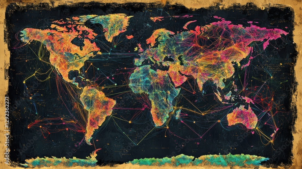 Poster vibrant abstract world map with colorful data connections and network lines on dark background