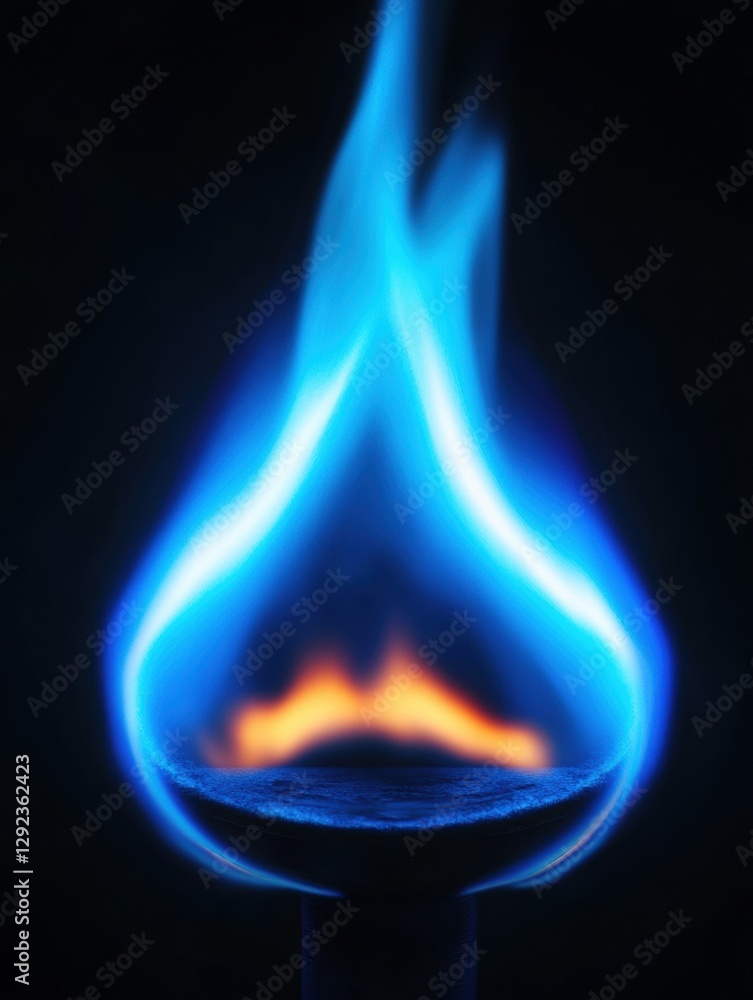 Poster close up view of a bright blue gas flame illuminating a dark space with vibrant colors. generative a