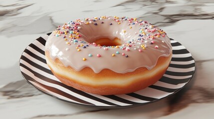 A delicious donut with pink icing and colorful sprinkles on a striped plate.