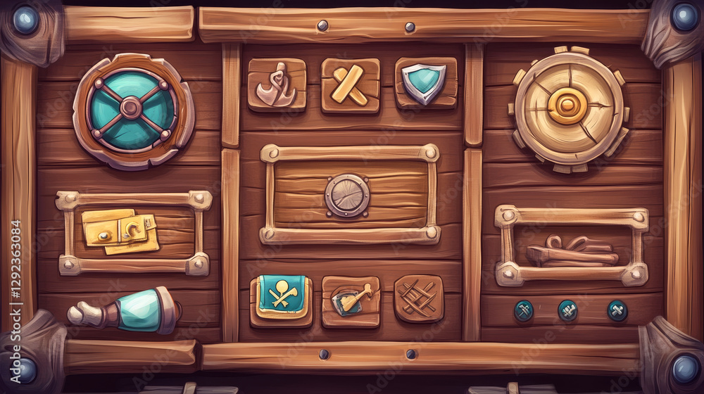 Poster pirate game ui design elements - cartoon vector wooden plates for menu with steering wheel, shop and