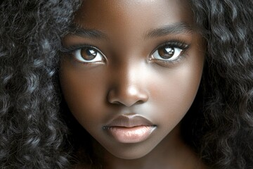 Naklejka premium Gorgeous calm black girl - for ads, billboard and social digital marketing ad use. Long coiffure - curly hair. Commercial digital ads concept art art. Professional african beauty.