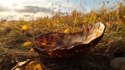 Naklejka premium Harvest time rustic bowl displayed on autumn fields nature photography tranquil environment close-up view