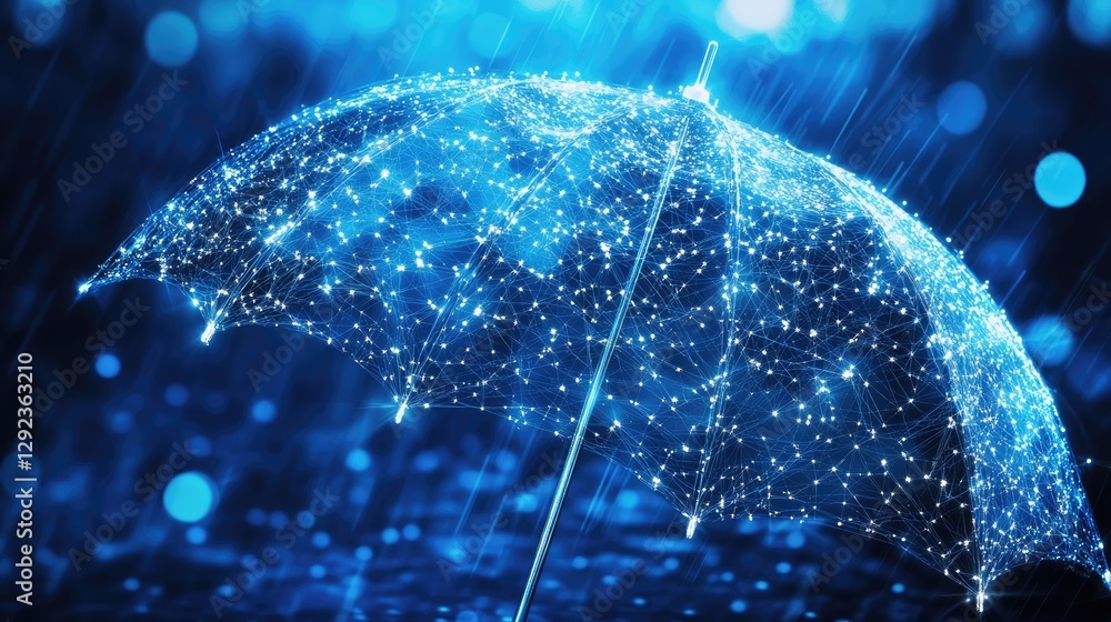 Poster a high-tech umbrella formed by interconnected ai-driven security nodes covering the world, symbolizi