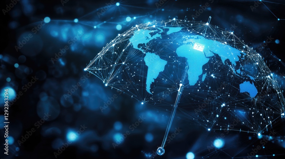 Poster a high-tech umbrella formed by interconnected ai-driven security nodes covering the world, symbolizi