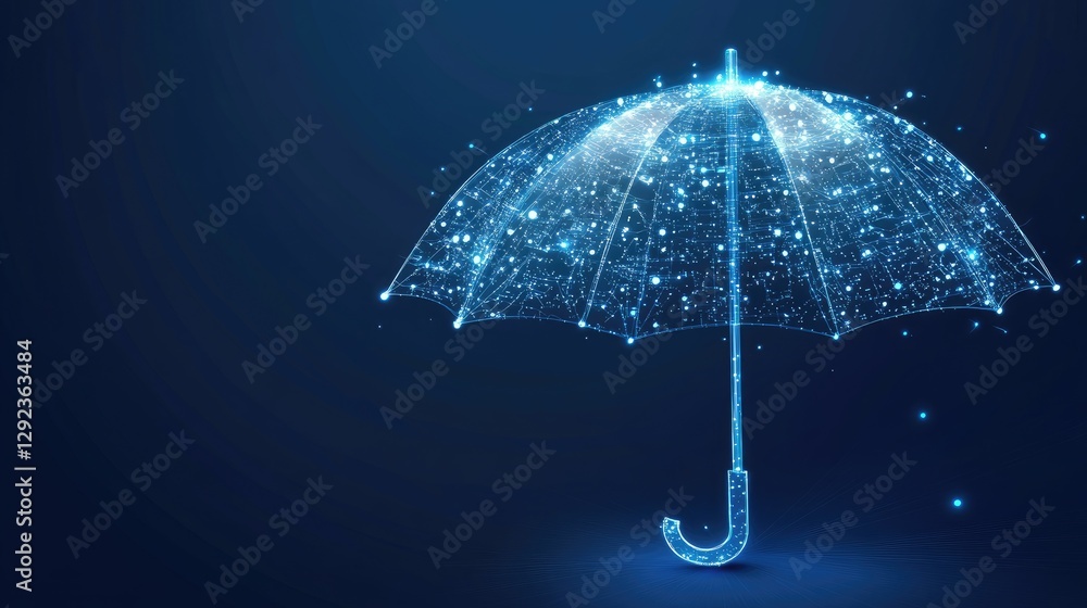 Poster a high-tech umbrella made of ai circuits and glowing security grids, symbolizing the power of digita