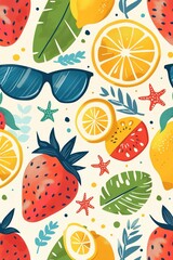 illustration of abstract cute pattern of strawberry, sunglasses, lemon, leaf, starfish, watermelon for background, banner, wallpaper or card